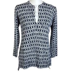 Loft Top Women Medium Tie Neck Cotton Knit Blouse Side Slits Blue White Tunic